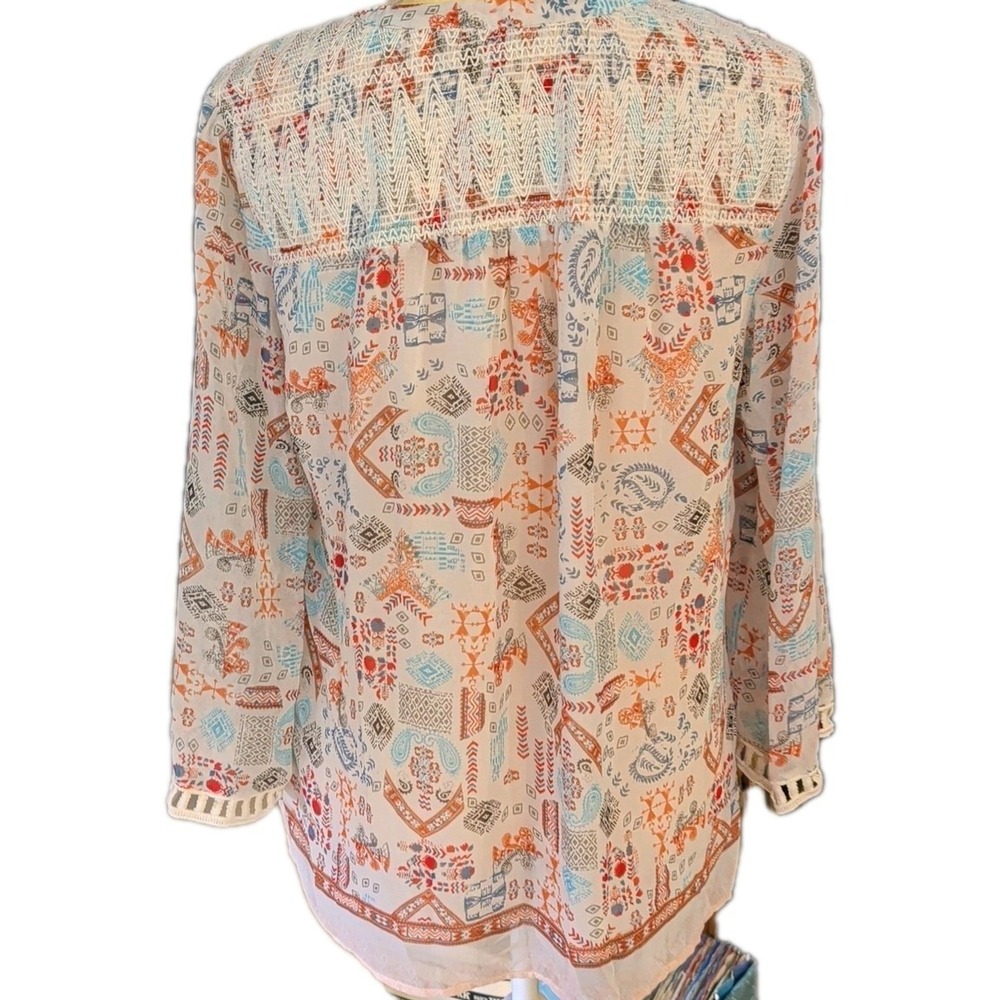 Pale Sky Women's Top Size L 3/4 Sleeve Beige With Rust & Light Blue Print - Picture 3 of 5